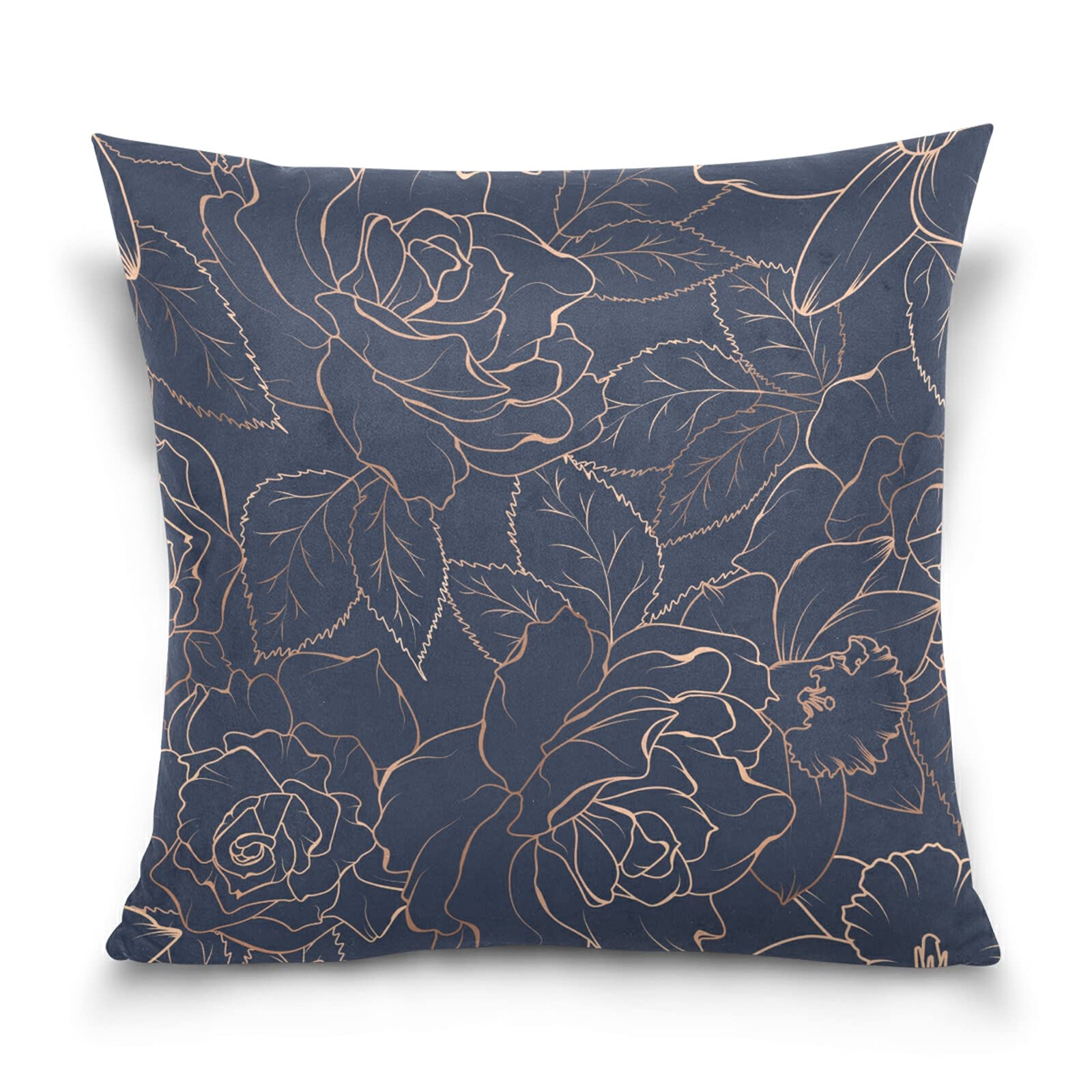 Poeticcity Multi 19 Copper-Gold Shiny Outline Rose Peony Flowers Leaves On Dark Navy Blue Cotton Velvet Throw Pillow, Soft Breathable Bed Pillows, Pillowcase Sham Cushion Covers Twin Sides For Car Couch Bed 16X16 Inches