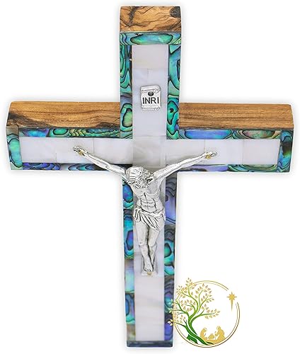 Miniatura 5 de Pequeña cruz decorativa de pared de nácar hecha a mano en Tierra Santa | Crucifijo de pared de madera de olivo | Cruz católica de madera | Hecho por