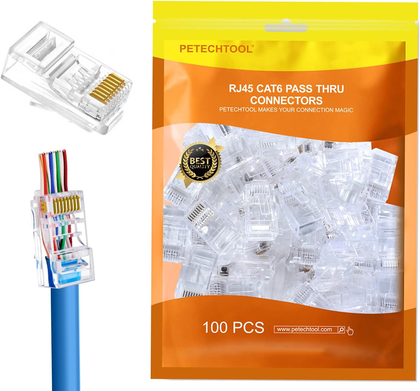 PETECHTOOLRJ45 Cat5 Cat5e Connectors End Pass Through Gold Plated 8P8C UTP Ethernet Network Plug cat5/5e 100pieces