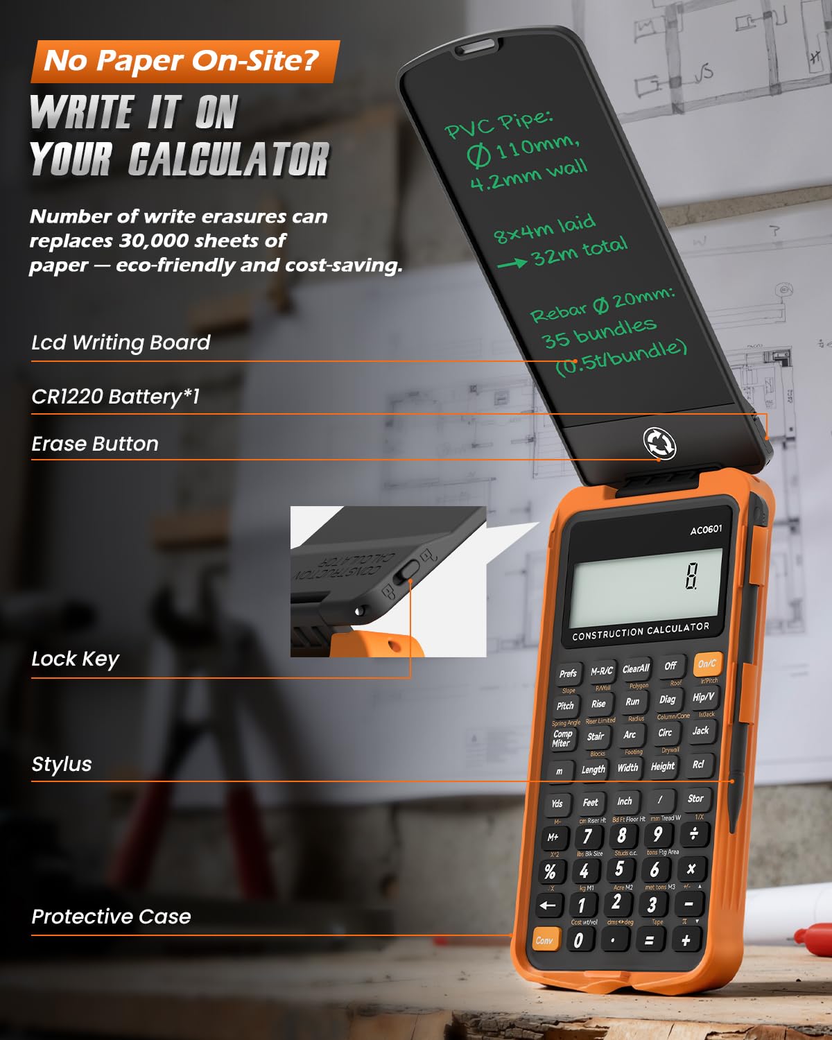 GUYUCOM Calcolatrice da costruzione con tavoletta da scrittura Calcolatrice in calcestruzzo per appaltatori, strumenti di progetto domestico per edilizia falegnami industriali Calcolatrici tascabili