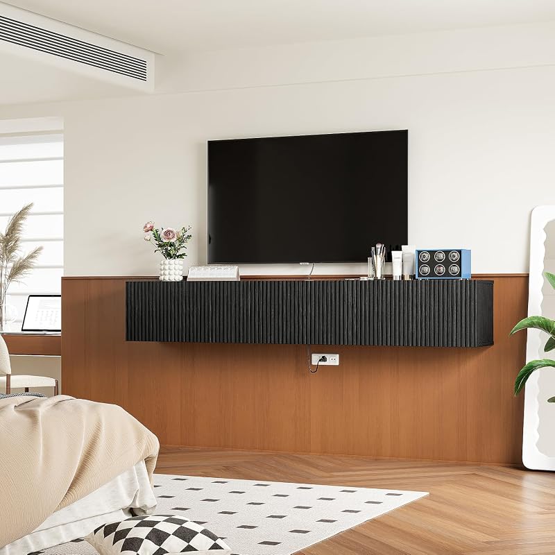 Slatted Floating TV Stand with 3 Doors,55 Inch,Black image 4