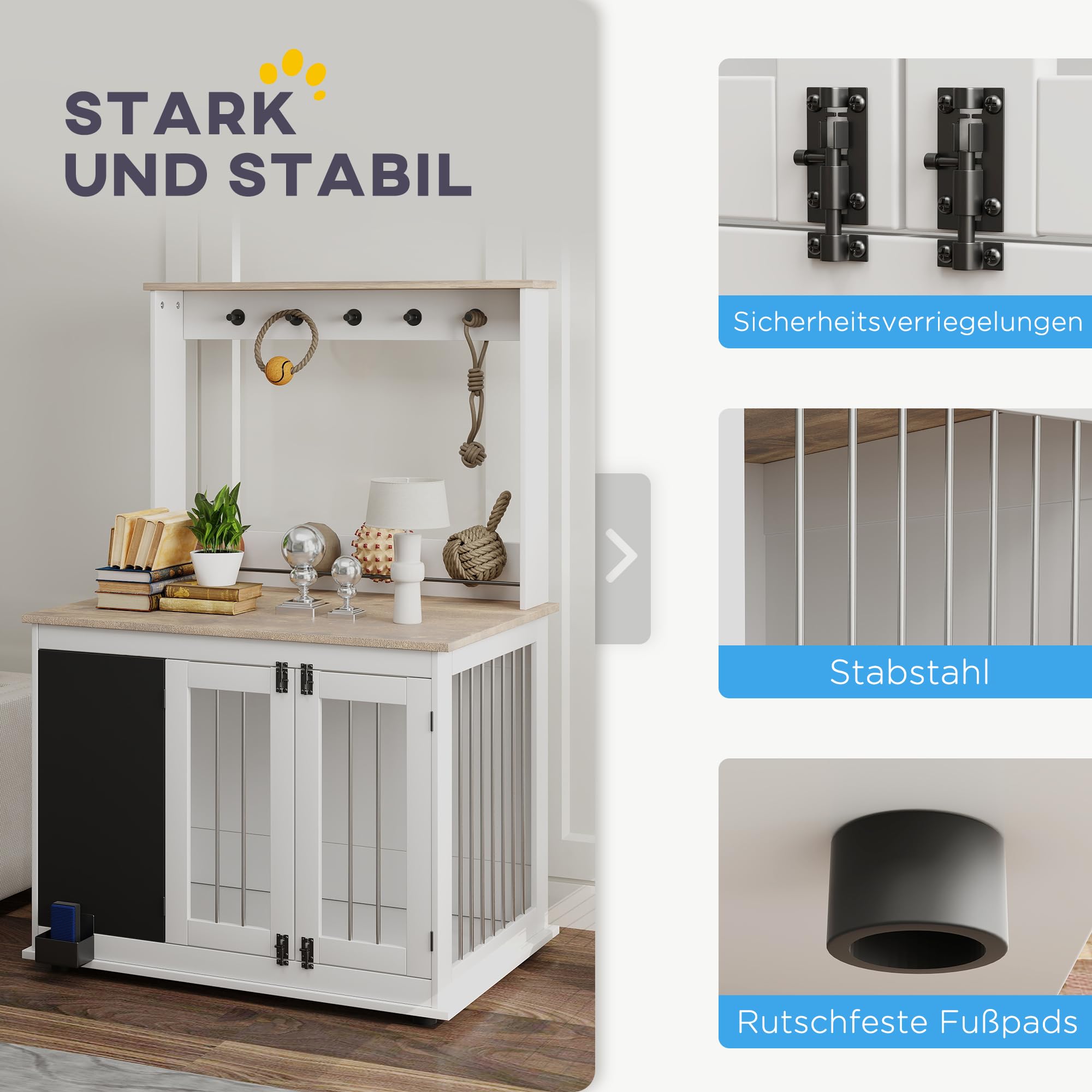 PawHut Hundekäfig für Zuhause mit 3 Türen, Haken für große Hunde Weiß | Hundebox, Hundehaus mit Radiergummi, Schreibtafel, Aufbewahrungsregal für Spielzeug