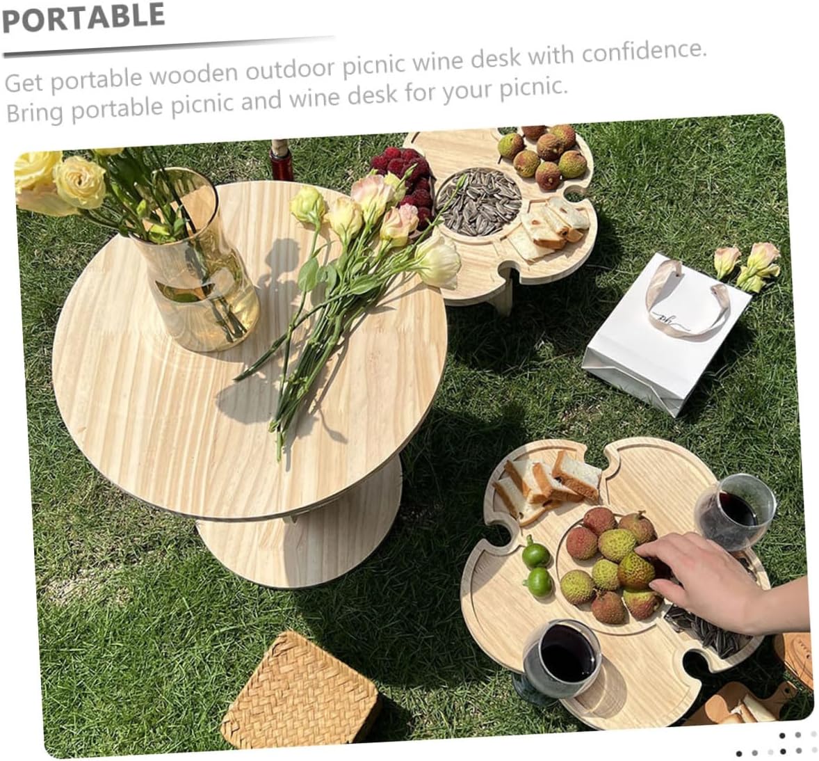 Portable Wooden Foldable Picnic Table for Outdoor Beach and Camping, Small 35cm Diameter Wine Desk with Tray for Patio BBQ and Travel