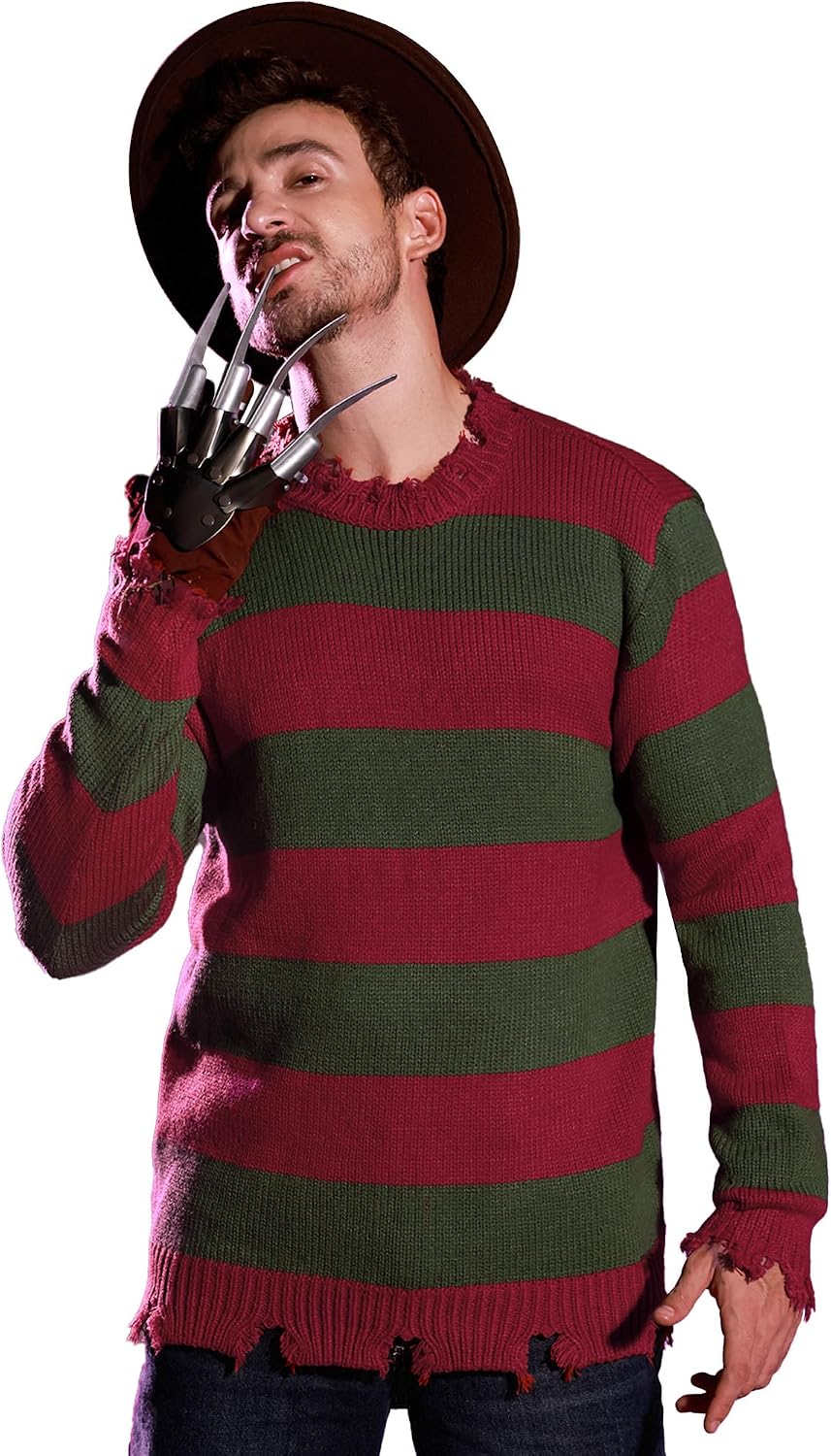 Arvilhill Men's Halloween Red Green Striped Sweater Scary Costume No Claws