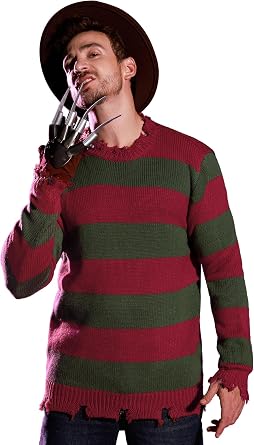 Arvilhill Men's Halloween Red Green Striped Sweater Scary Costume No Claws | Villain Jumper Knitted Pullover Loose Fit for Adult Halloween Cosplay Party