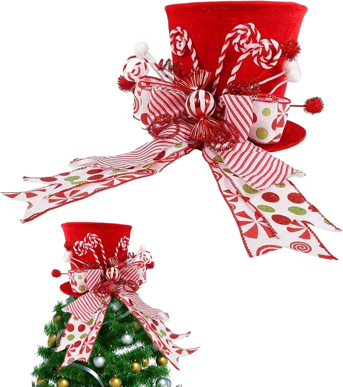 Christmas Tree Topper Hat, Christmas Candy Cane Top Hat Tree Topper, Top Hats Desktop Ornaments, Decorative Holiday Ornaments for Living Room Indoor Home Events Festival Outdoor Housewarming