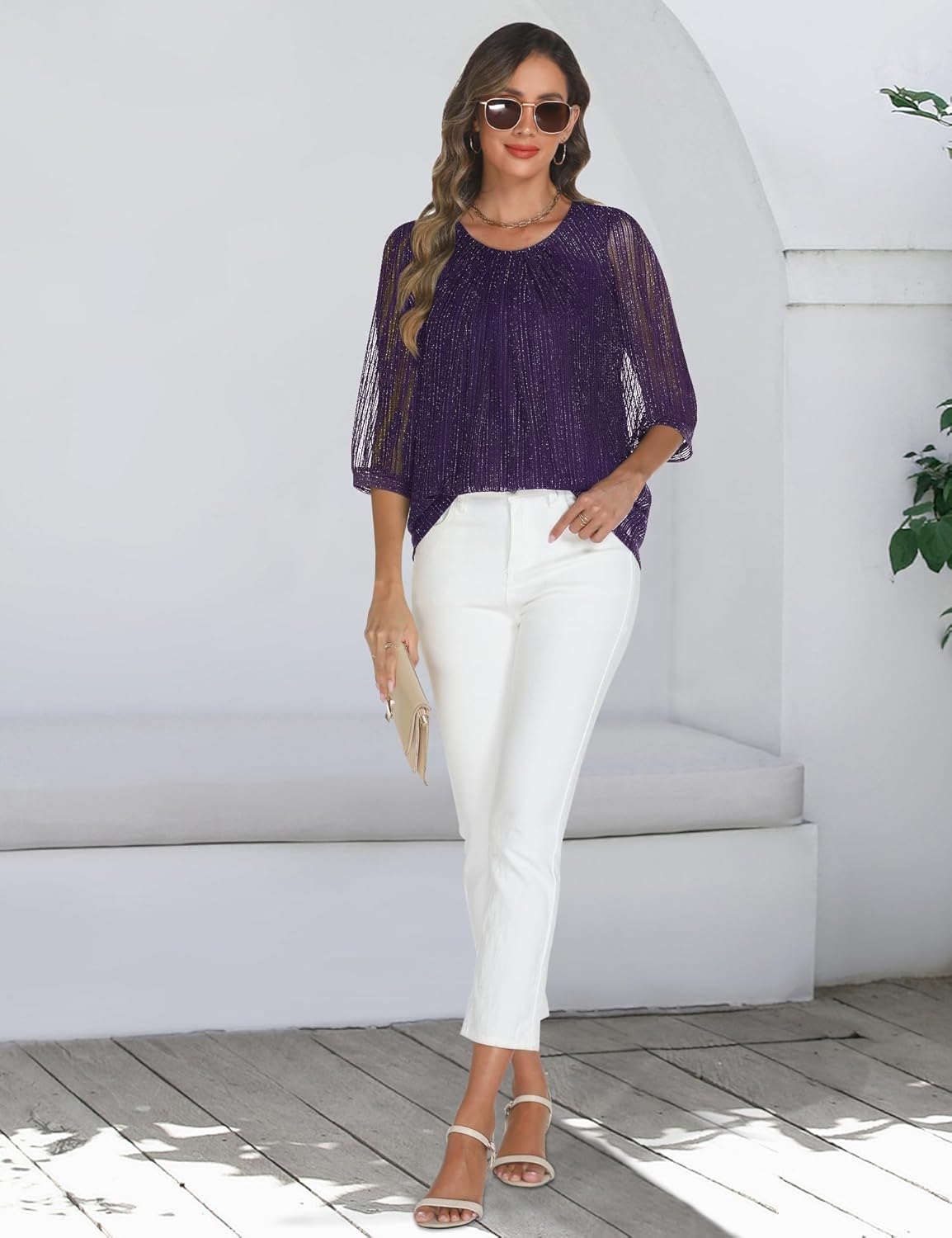 Relipop Womens 3/4 Sleeve Sparkle Top Casual Loose Fit Mesh Pleated Double Layered Tunic Tops - Image 5