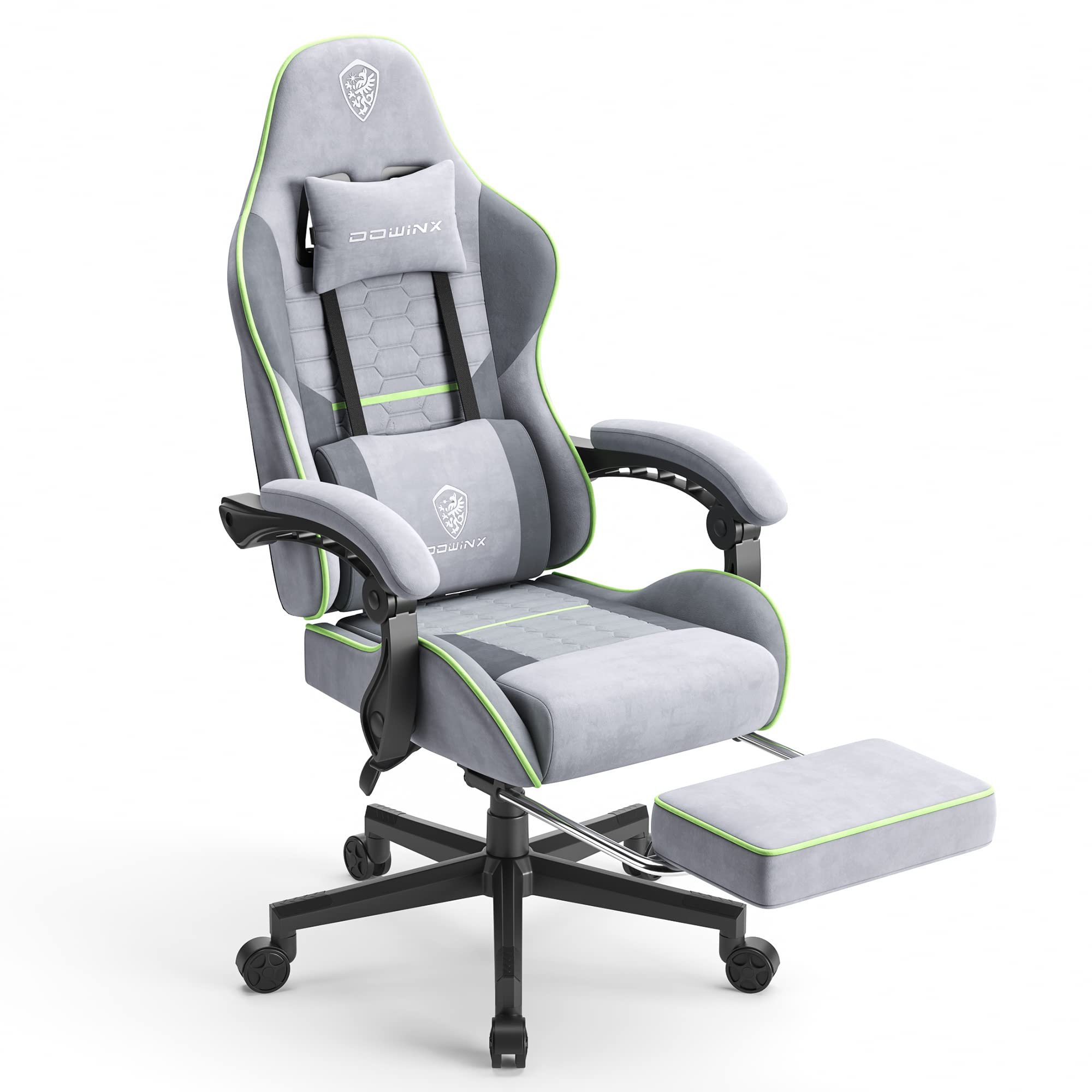Dowinx Sedia Gaming Gamer Ergonomica, Sedia da Ufficio Regolabile in Tessuto Nero con Cuscino a Molle, Supporto per Testa e Poggiapiedi, Grigio chiaro - Verde/Standard