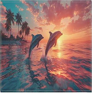 Dolphins Under Sunset Cloth Napkins Set of 4, Washable Reusable Table Dinner Napkins for Parties Weddings Restaurant, 20x20 Inches