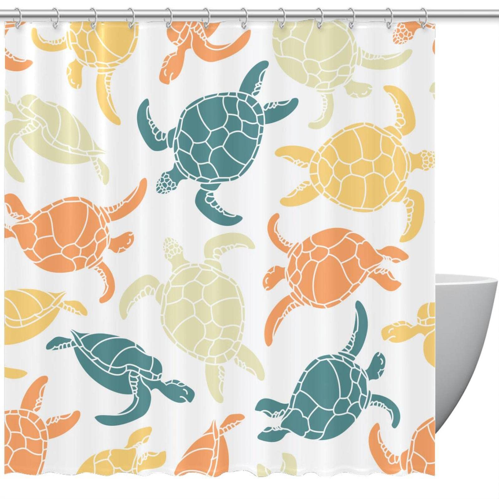 Rideau de douche salle de bain vert orange jaune motif tortue avec anneaux de fixation