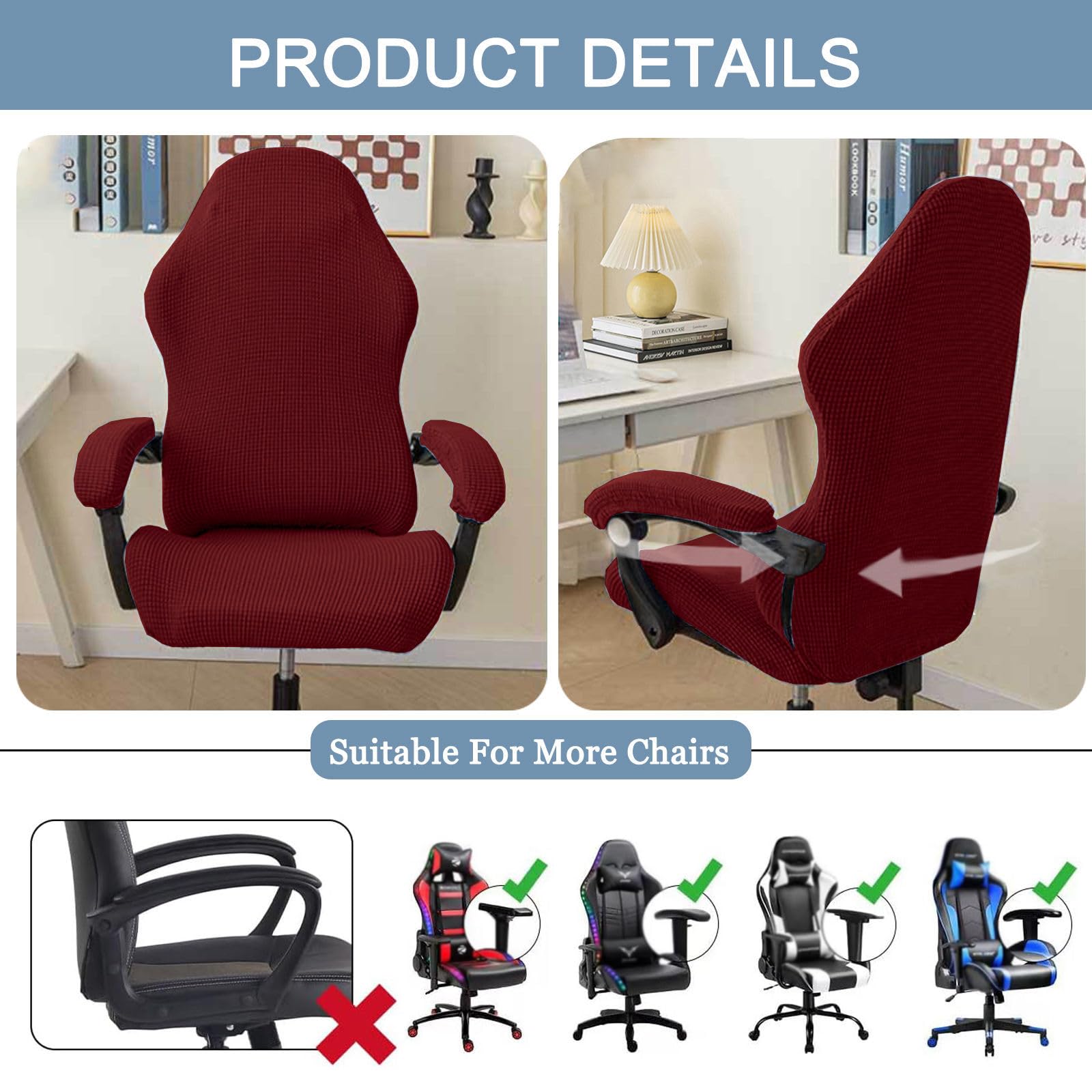 Tmboryuu Housses de chaise de jeu amovibles en tissu extensible avec accoudoirs pour chaises d'ordinateur et de bureau