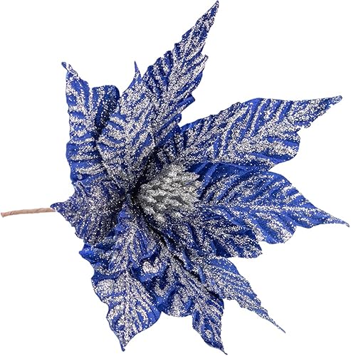 Miniatura 7 de tiecawk 4 flores de Pascua artificiales de Navidad con tallos de Navidad, adornos de árbol de Navidad con purpurina para Navidad, Año Nuevo,