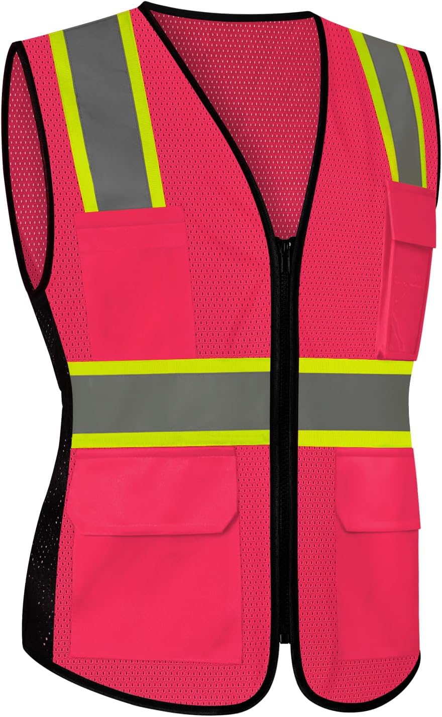 Pink Safety Vest for Women, High Visibility Reflective Vest, Neon Hi Vis Work Apparel with Pockets and Zipper, Durable, ANSI Compliant, Pink, M