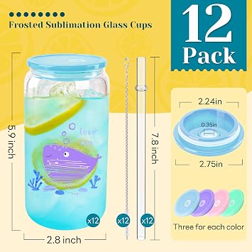 Joyclub A Bunlde of 12 Pack 16 oz Clear Sublimation Glass Cups Blanks and 12 Pack 16 oz Frosted Sublimation Glass Cups Blanks