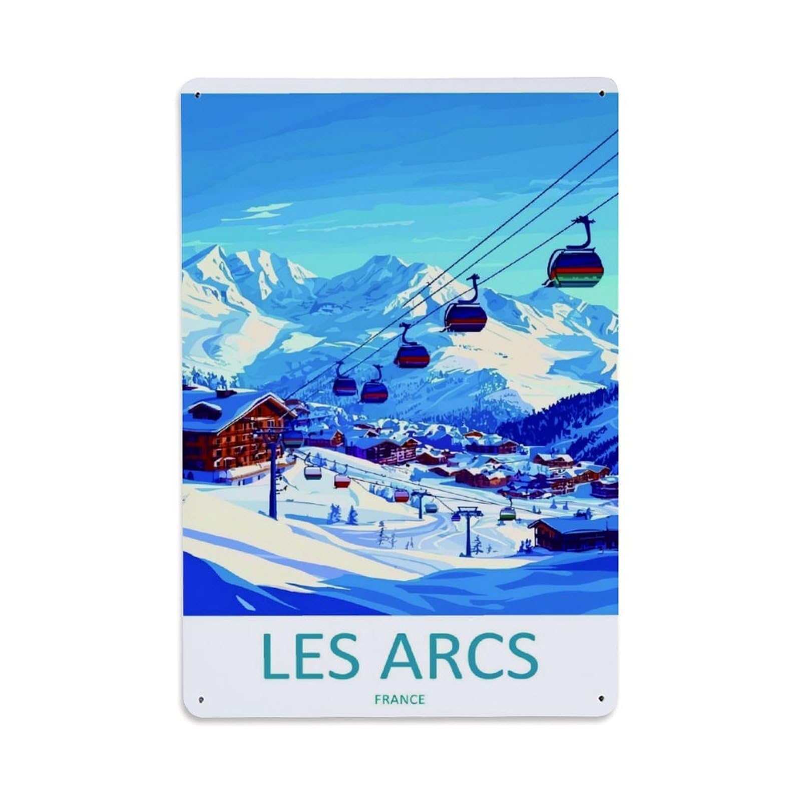 Les Arcs France Ski Resort Gondola Mountain Travel Art Vintage Aluminium Metal Sign, Retro Wall Decor for Home, Bar, Garage & Farmhouse 30x20cm