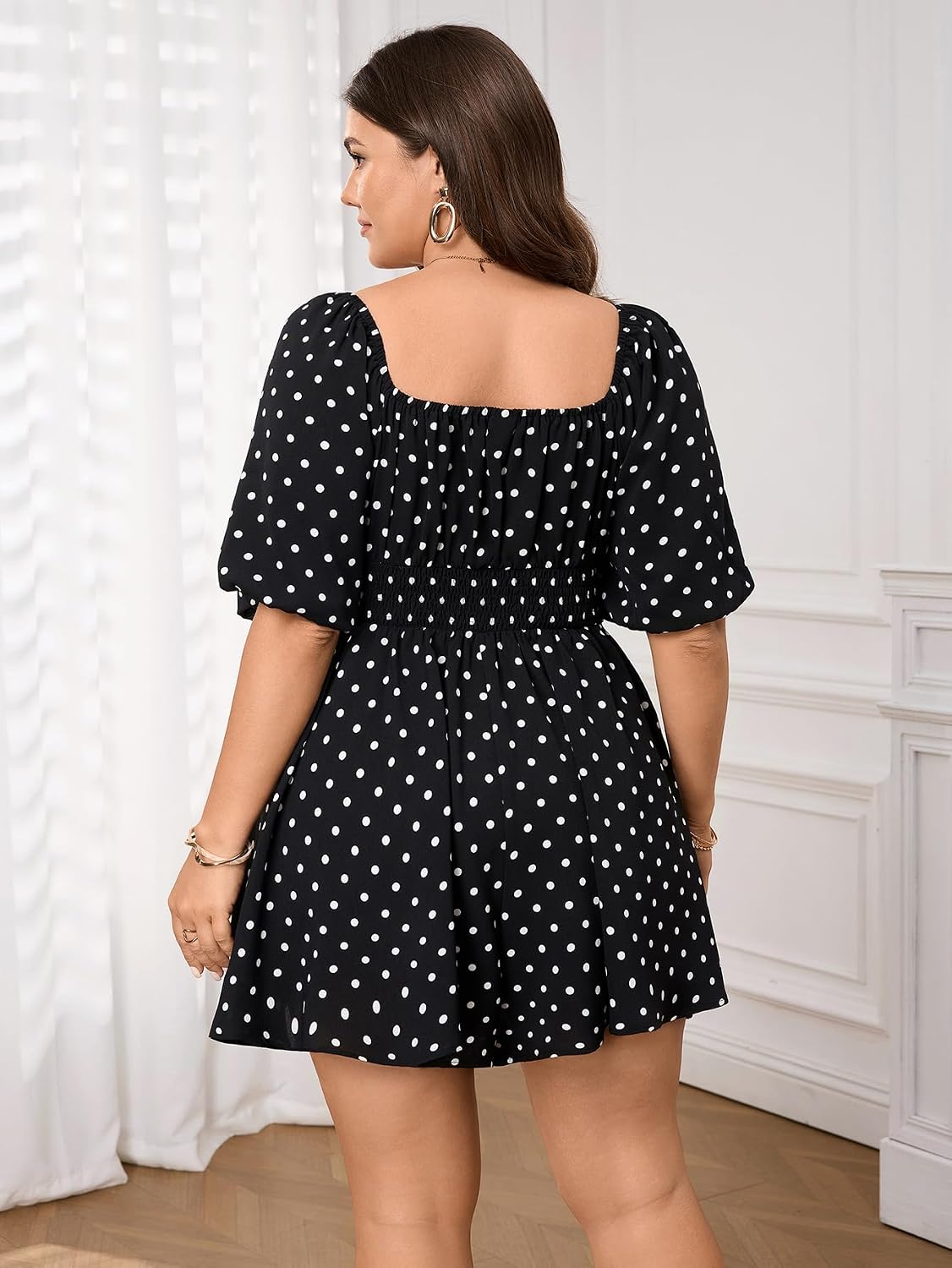 SCOMCHIC Women Plus Size Rompers Summer Casual Polka Dot Puff Sleeve High Waist Loose Shorts Jumpsuit Cute Playsuit