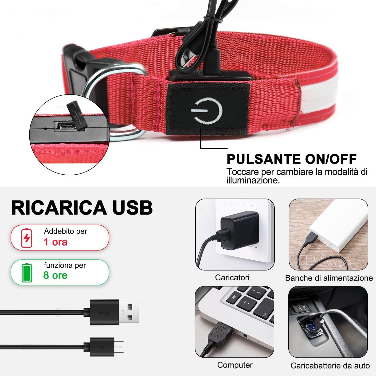 Nepfaivy Collare Luminoso per Cani Ricaricabile - Collare per Cani a Led con Lunghezza Regolabile, 3 Modalità di Illuminazione per la Sicurezza Notturna, Rosso