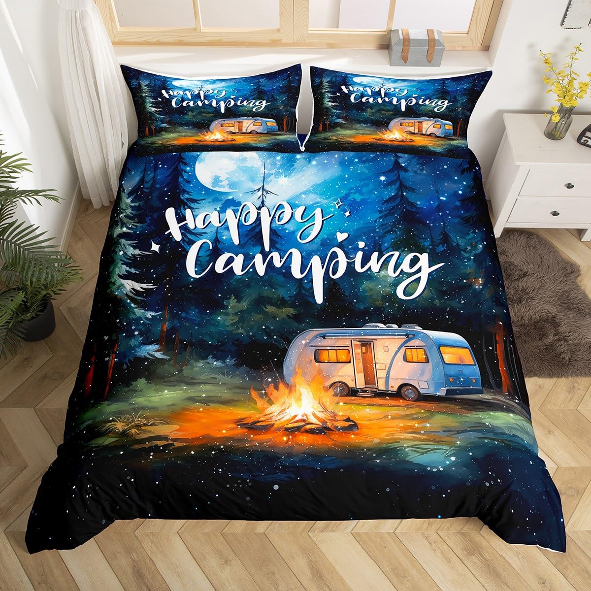 Happy Camping Kids Duvet Cover Set Super King Size, Night Camper Comforter Cover, Camping RV Bonfire Trees Bedding Set for Boys Girls Adult Bedroom Decor, Lightweight Bedspread Cover, 2 Pillowcases — image 1