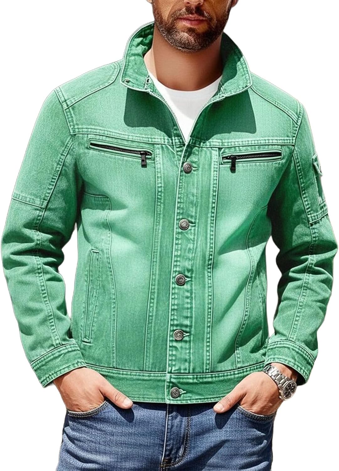 Cambkatl Men's Stand Collar Vintage Distressed Denim Jacket, Slim Fit Button Down Long Sleeve Stylish Outdoor Sports Coat
