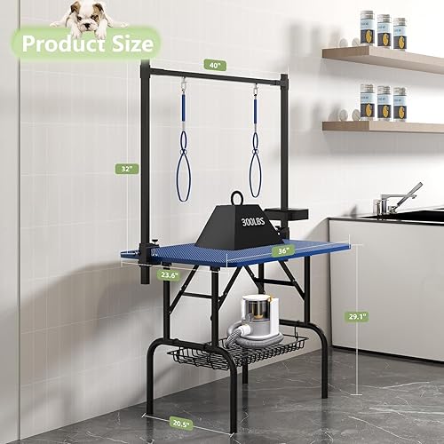 Miniatura 5 de Mesa profesional de aseo para perros y mascotas, ajustable, resistente, portátil, con brazo y lazo y bandeja de malla (36 pulgadas, azul)