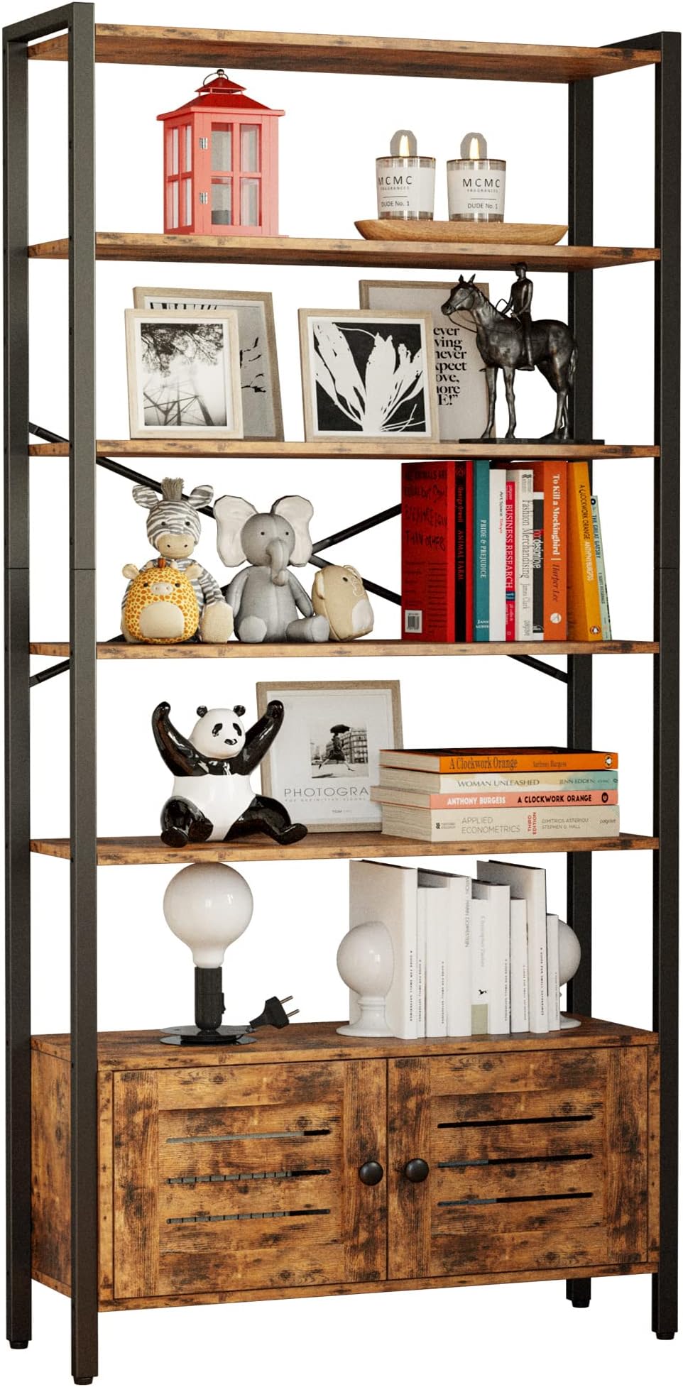 IRONCKBookcase and Bookcase with 5 Adjustable Shelves, 70" H x 31.5" W - Bookcase with Door and Wheels - Vintage Brown