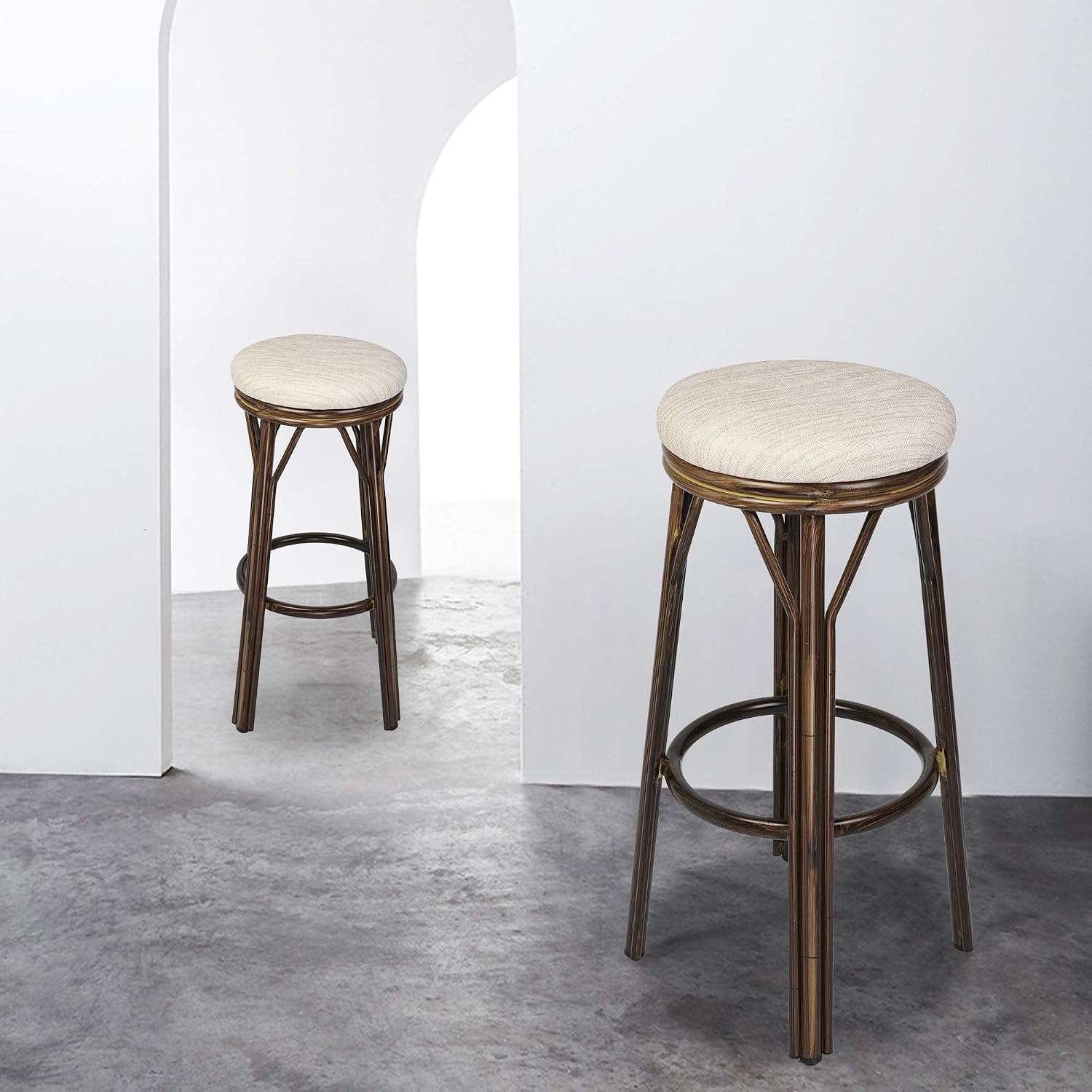 LUCKYERMORE Set of 2 Bar Stools Counter Height Bar Chairs with Footrest Round Top Pub Bistro Kitchen Dining Chair Beige PU Leather Kitchen Stool