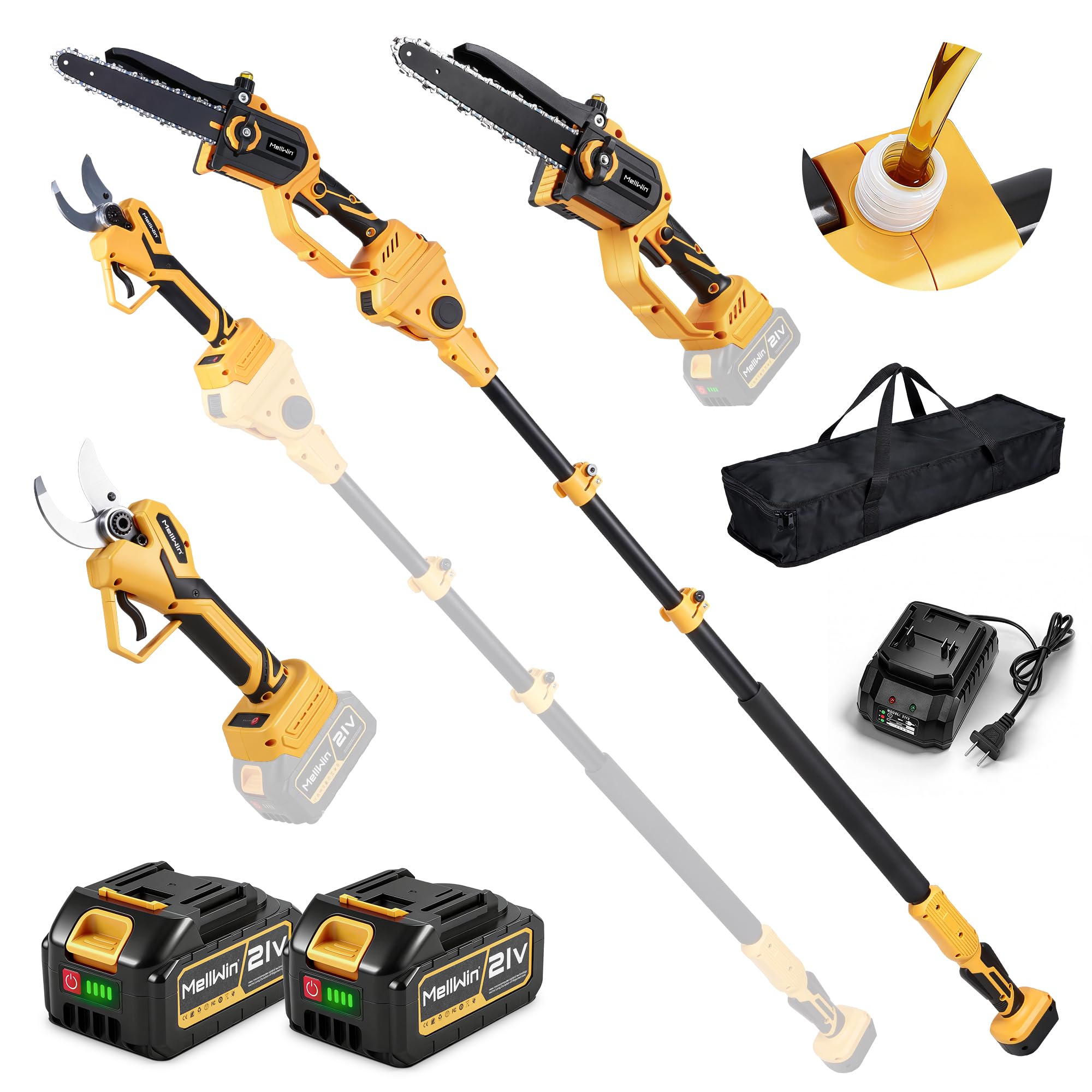 4 in 1 Motosierra y tijeras de podar con pértiga telescópica 2,3 M | Sierra con motor sin escobillas de 8 pulgadas y tijeras de podar de 180 grados con 2 akku de 4000mAh para la poda de árboles