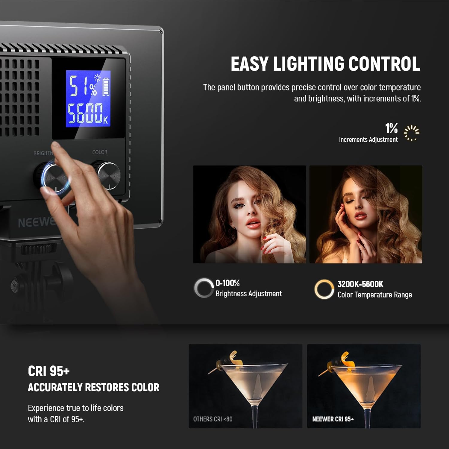 NEEWER Basics 9" LED Video Light Panel, 3200-5600K Edge Lit Dimmable Camera Soft Key Lighting, CRI95+ 800Lux 4000mAh Rechargeable for Video Recording Streaming Selfie Vlog Studio Photography, NL-120B