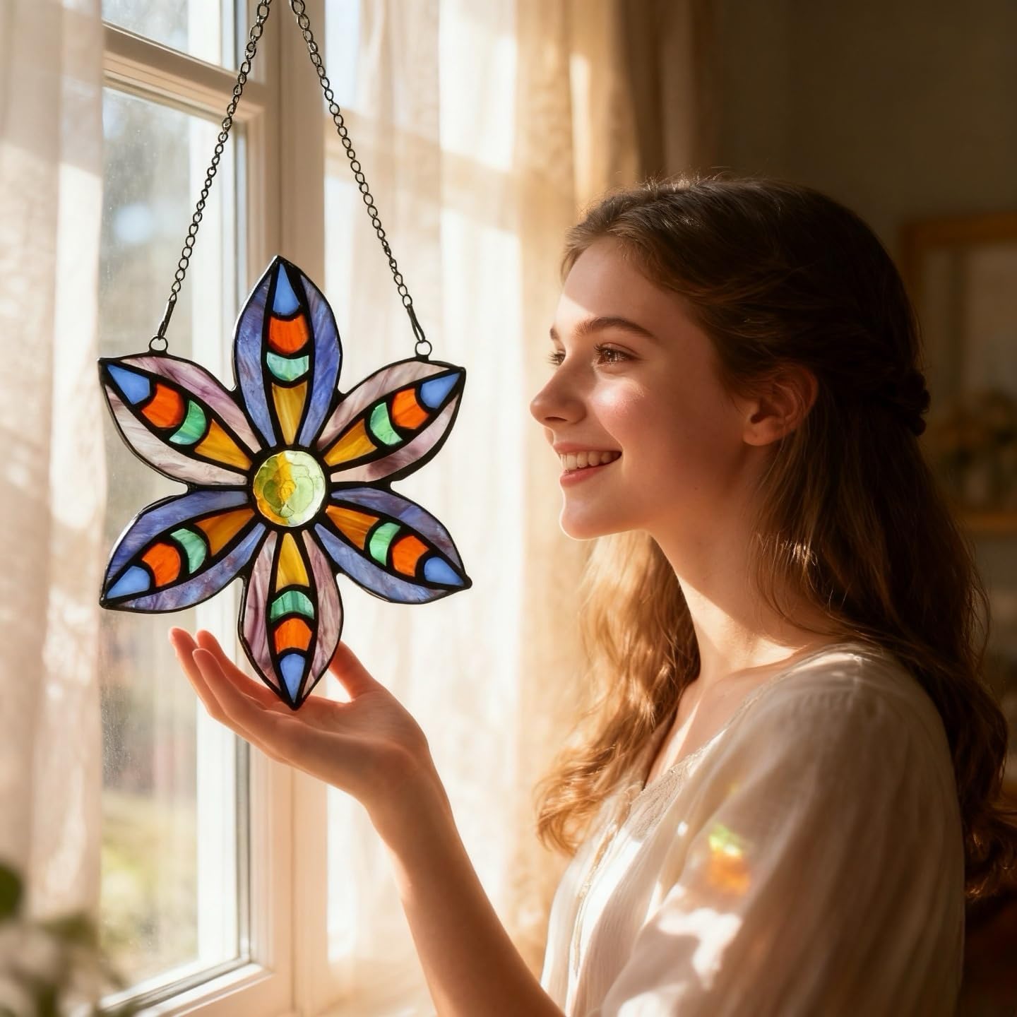 Stained Glass Tiffany Style Flower Window Hangings Sun Catcher (Green)