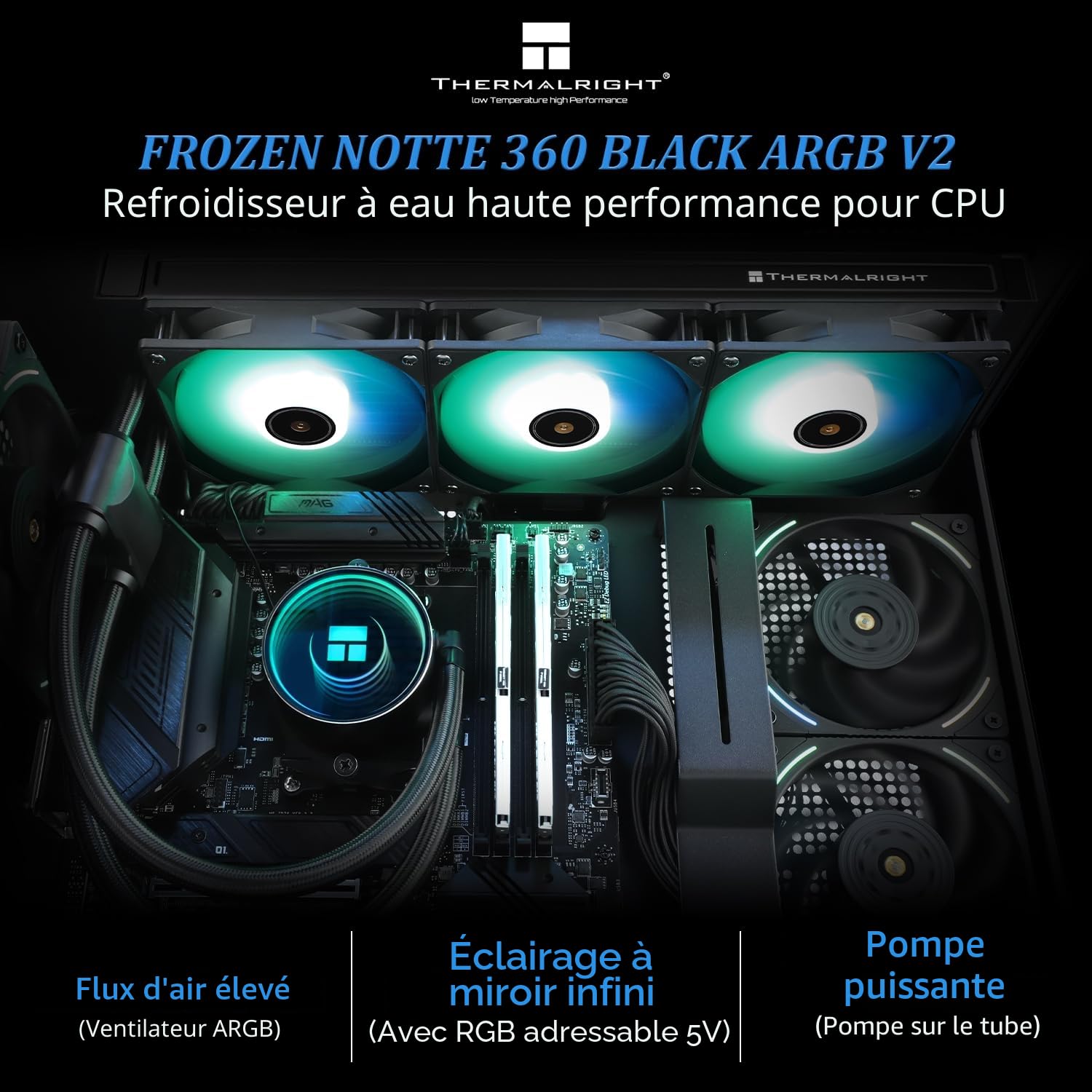 Thermalright Frozen Notte 360 Noir ARGB V2 Refroidissement à eau CPU Radiateur 360 Caractéristiques du radiateur CPU Ventilateur PWM 3×120 mm, roulements S-FDB, convient pour AMD/AM4, Intel LGA