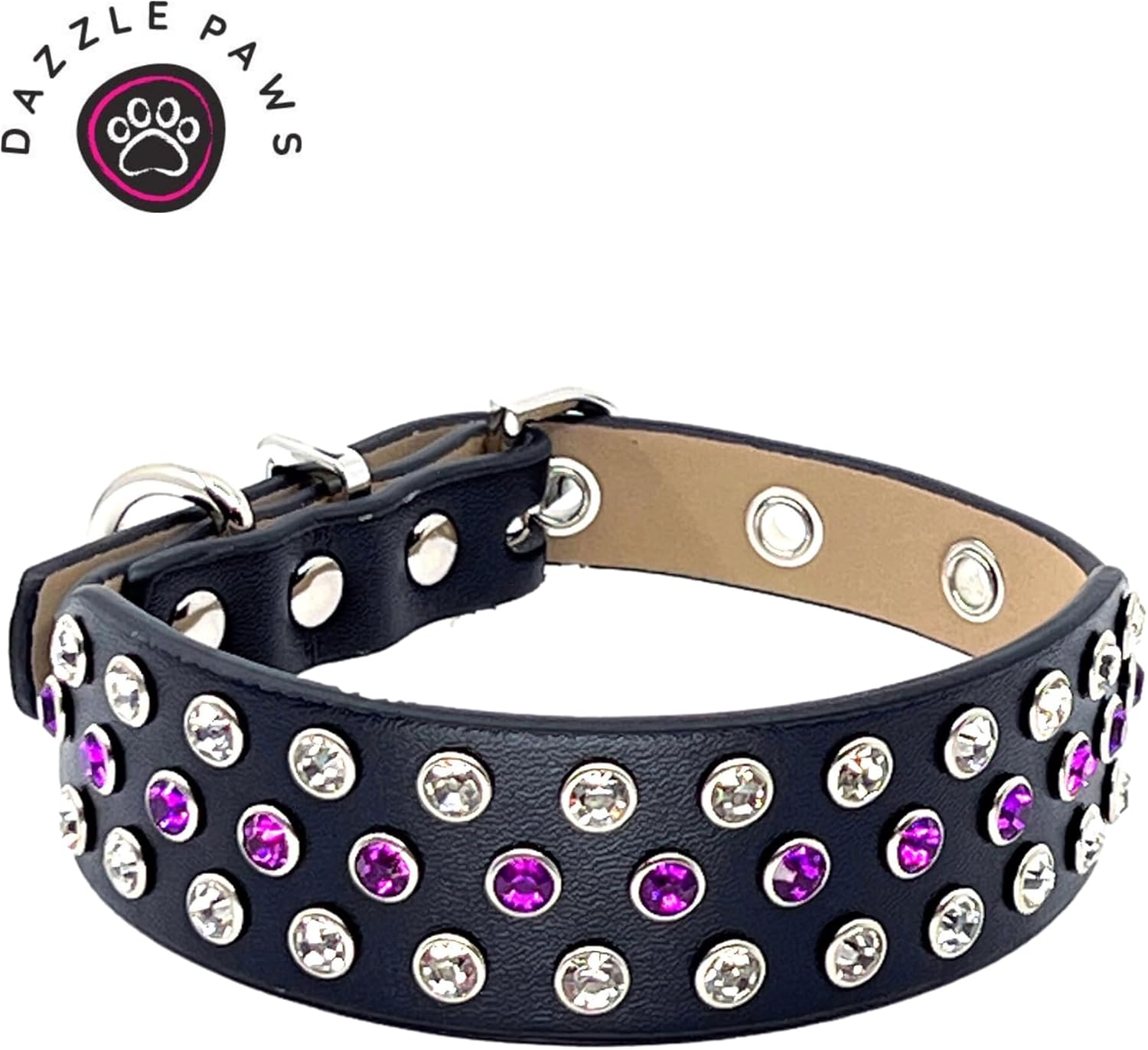 Designer Diamond Rhinestone Dog Collar - Fancy Bling Luxury Microfiber Leather Sparkly Cute Studded Adjustable Length for All Breeds Size S M L (Large 16"-20", Purple | Clear White Crystals)