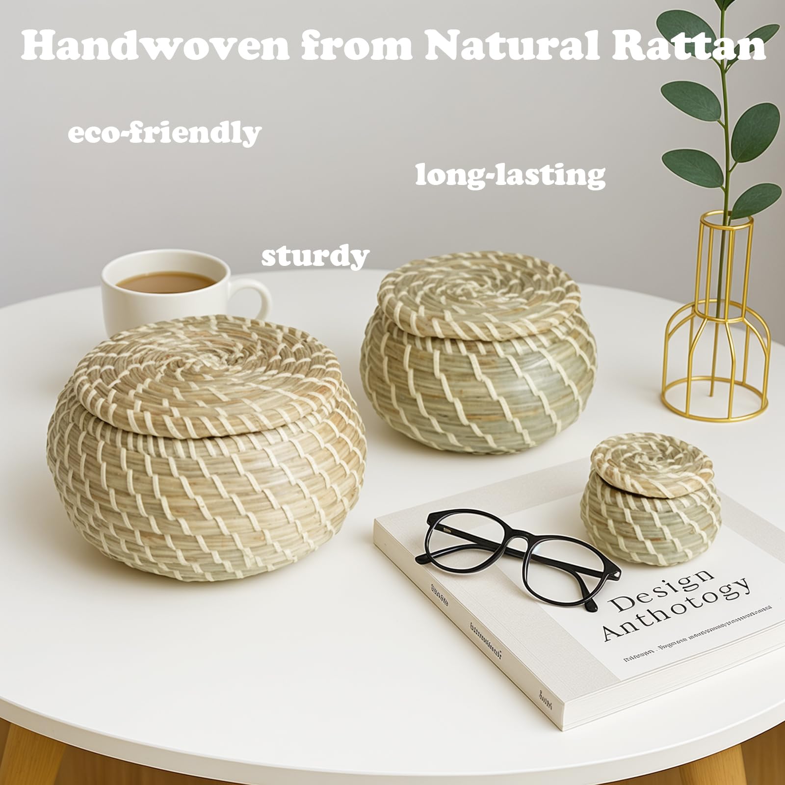 Set di 9 cestini rotondi in vimini intrecciato con coperchio, piccoli cestini in rattan fatti a mano per ufficio, camera da letto, soggiorno