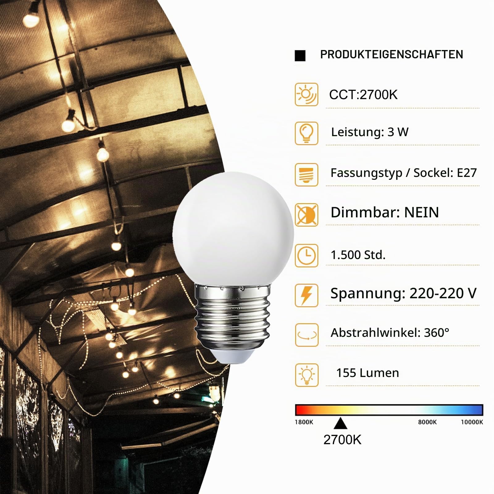 40 Stück 3W E27 G45 LED lampe für Lichterkette, LED Warmweiß 2700K, Kunststoff Cover,E27 Innen und Aussenbereich, 155lm, AC220V
