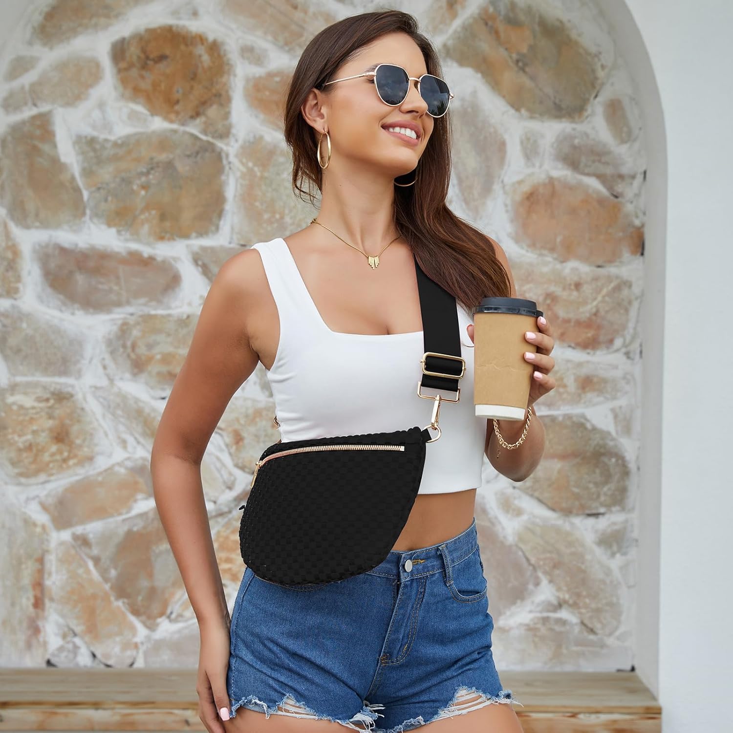 Woven Crossbody Bags For Women, Checkered Fashion PU Bum Bag Waist Pack, Travel Sling Purse with Adjustable Strap（Dark Balck) - Image 3