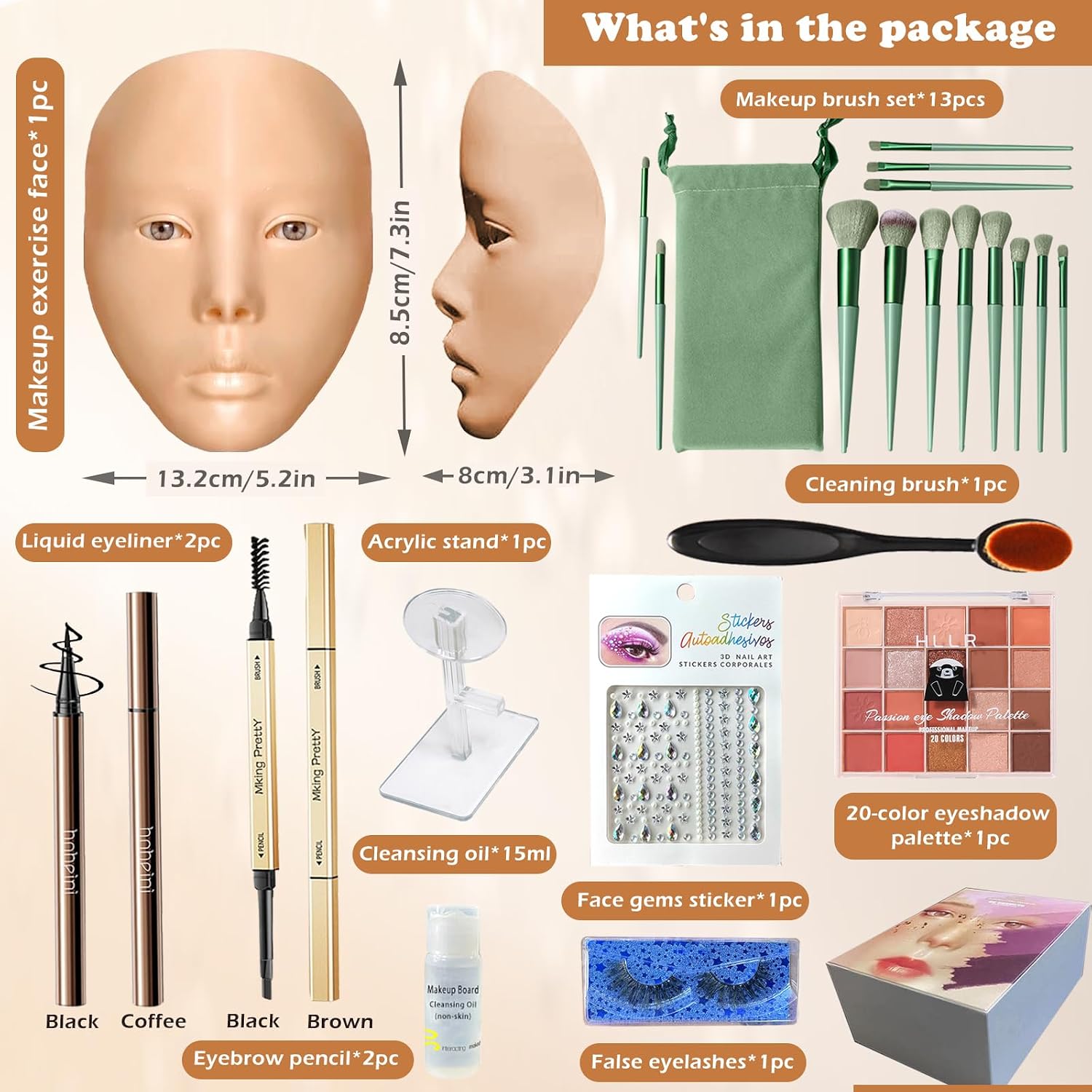 Makeup Practice Kit, Silicone Mannequin Face with Brushes, Shadows & Eyebrow Pencil - Bright