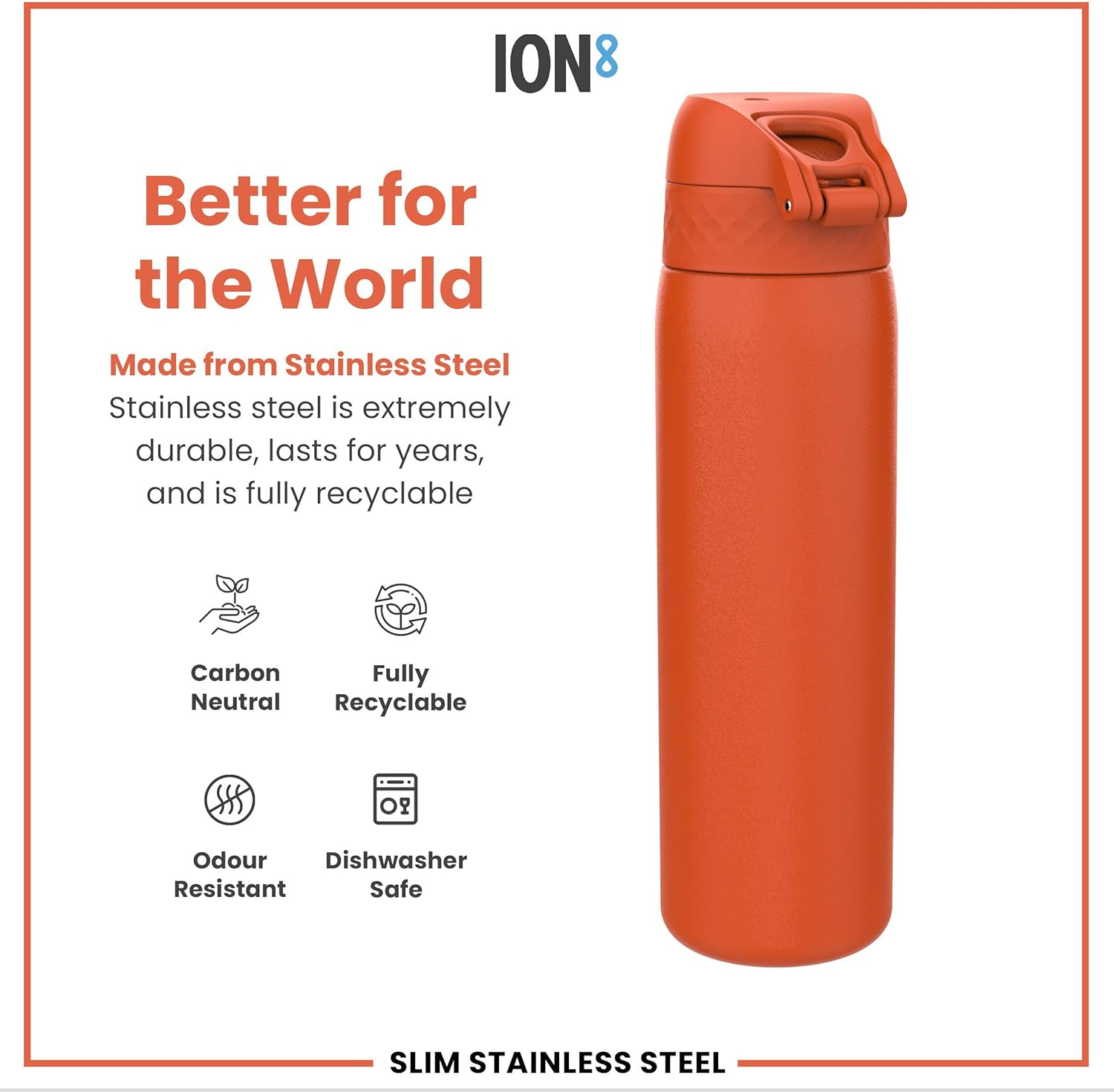 Ion8 Stainless Steel Water Bottle (600ml) Slim Leak-proof Drinking Bottle, Triple Lock Lid Prevent Spills & Hide Away Handle, Dishwasher Safe & Straw Compatible, Backpack Ready Design, Hearty Orange