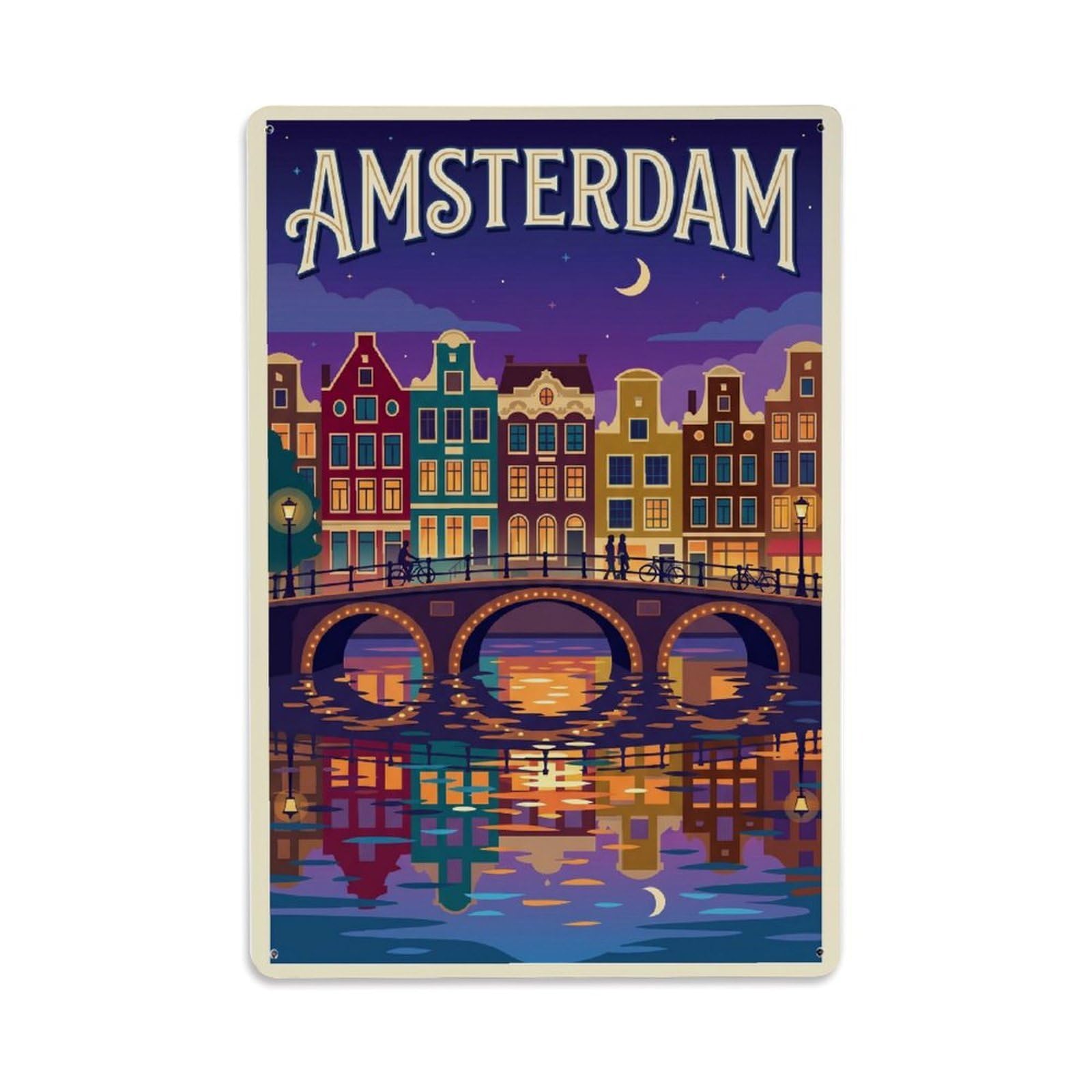 Vintage Travel Night Netherlands Illuminated Metal Tin Sign Plaque Wall Decor for Cafe, Club Bar, Office, Home Garden Metal Poster 8x12Inch