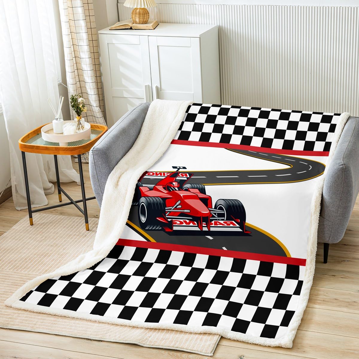 Feelingyou Girls Racing 02 Red Racing Car Bed Blanket Kids Extreme Sports Theme Sherpa Blanket Soft Cozy Lightweight Black White Grid Plush Fleece Race Car Blanket Gifts For Bed Chair Office Sofa(Throw 50"X60")