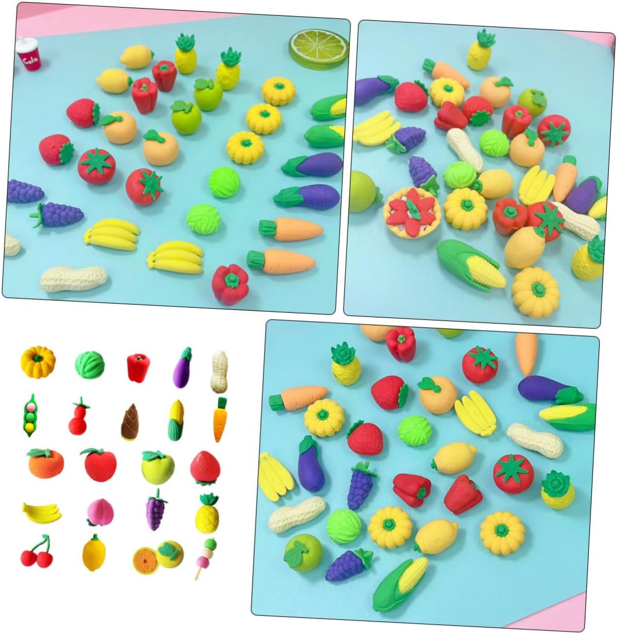 100Pcs Adorable Cartoon Fruits and Vegetables Erasers Mini TPR Erasers for and Prizes Stationery for Art and Writing Activities