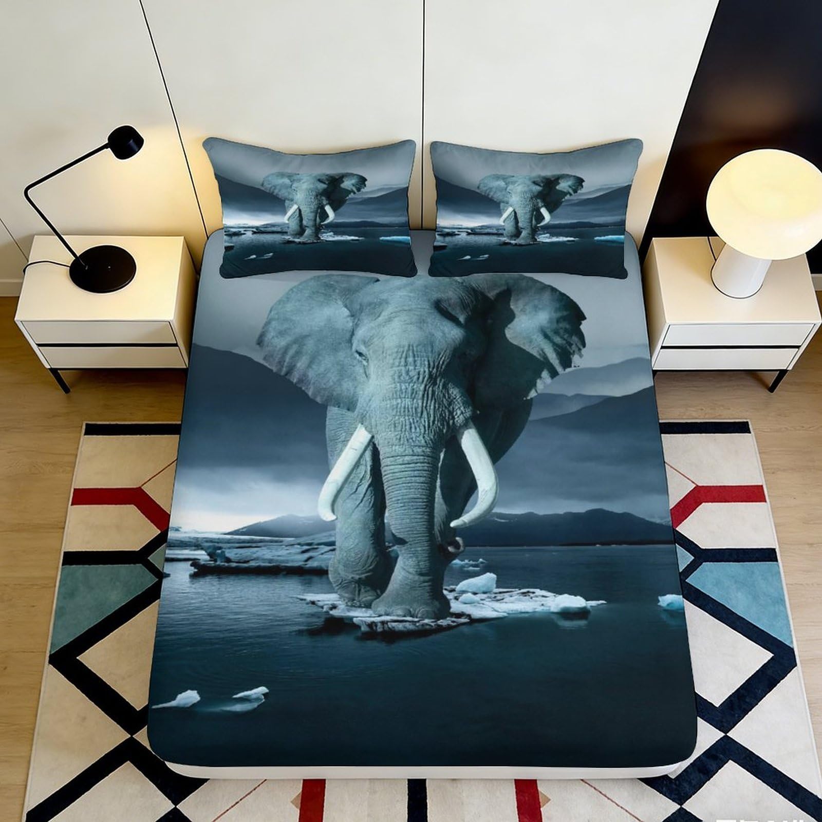 3D Printed Elephant Landscape Fitted Sheet Microfiber Soft Breathable River Scene Mattress Cover Bedroom Decor 140x200x25cm
