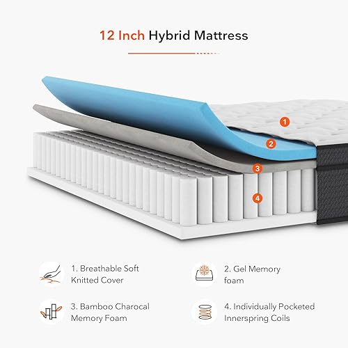 Miniatura 3 de Sweetnight Colchón King en una caja, colchón híbrido de espuma viscoelástica de gel de 12 pulgadas con resortes embolsados individualmente para