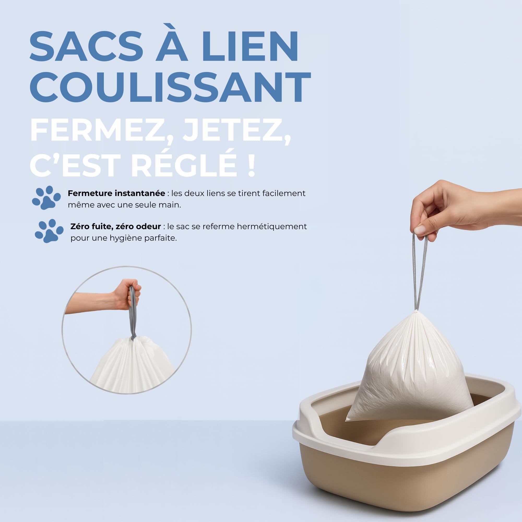 60x Sac Litière Chat L PETIFY - Sacs Litière Chat avec Cordons de Serrage - Protection Bac à Litière Épais Anti-Fuite & Anti-Odeurs - Pack Économique Annuel