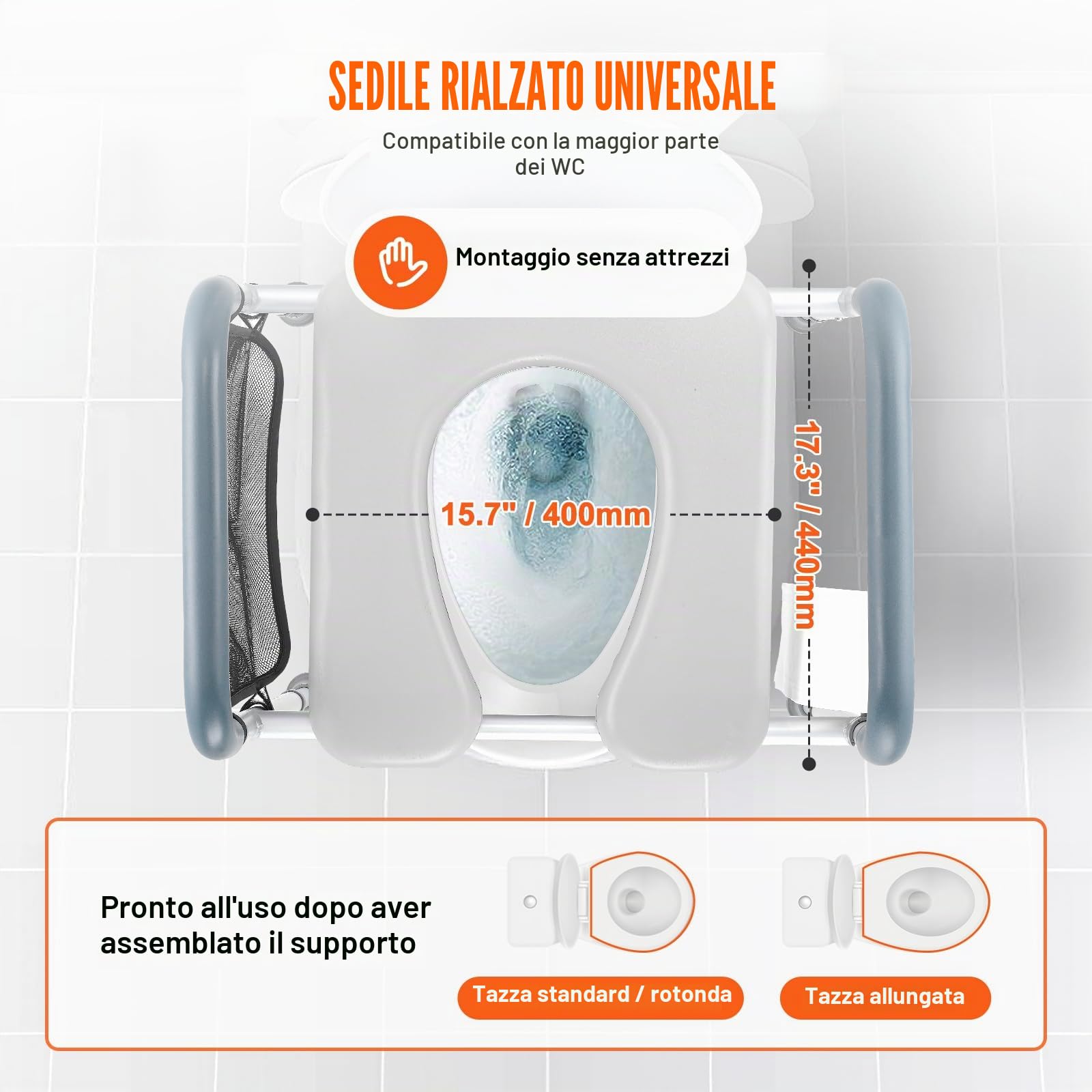 VEVOR Sedile WC Rialzato, Altezza Regolabile tra 49,9 a 64,9 cm, Portata max. 158 kg, Telaio in Alluminio Imbottito, Sedile WC Rialzato Universale, per Anziani, Disabili, Incinte, Ausilio da Bagno