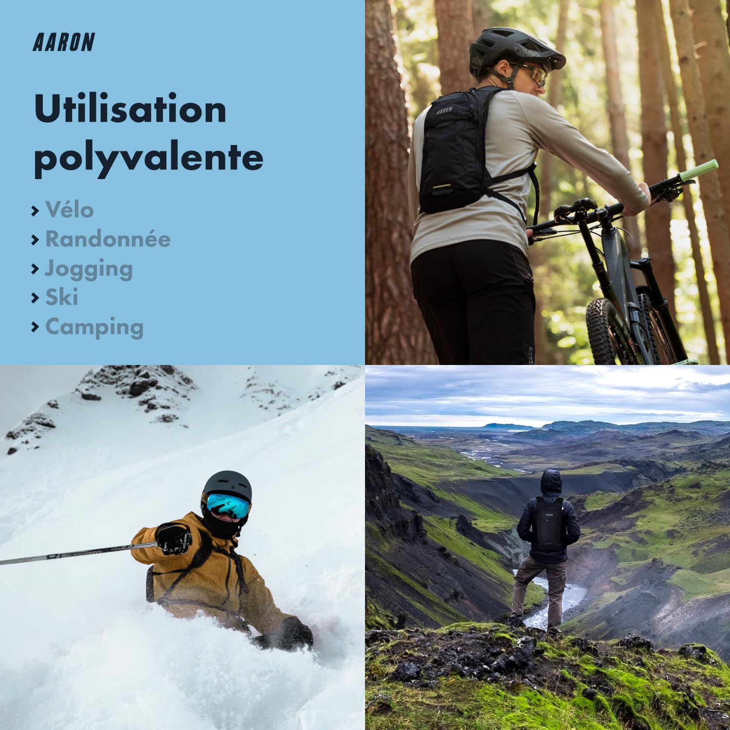 AARON Sac à dos de vélo et sac à dos de ski 8L étanche avec protection contre la pluie, rembourrage dorsal ergonomique pour femmes et hommes Sac à dos de vélo VTT, noir
