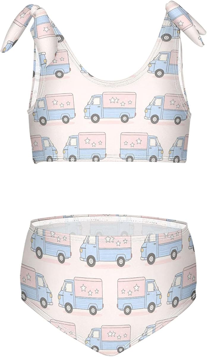 Delivery Van Girls Swimsuit Two Piecing High Waisted Bikini Top and Bottom Swim Set with Adjustable Shoulder Strap Size