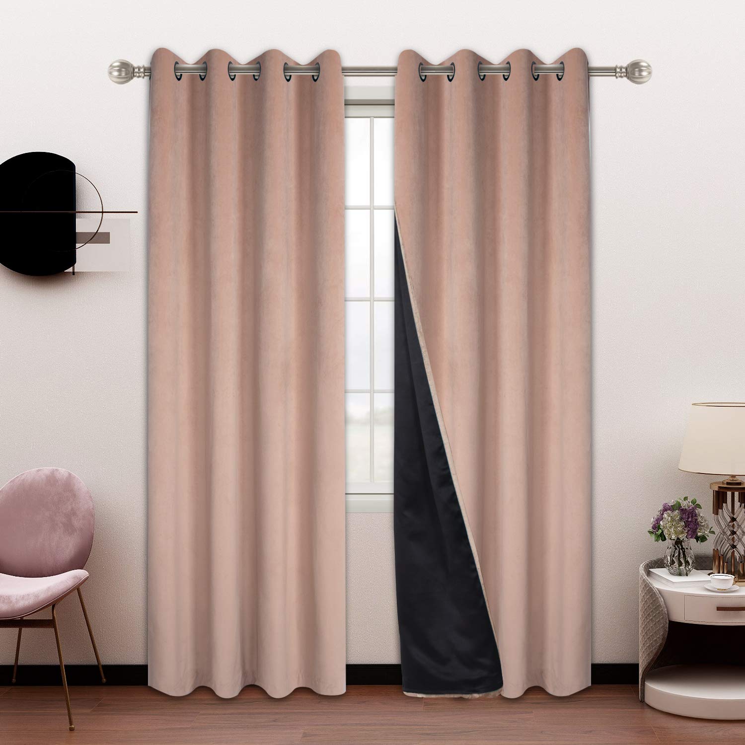 SHEEROOM 100% Blackout Velvet Curtains for Bedroom and Living Room, 52 x 63 inch Length, Blush - Thermal Insulated, Energy Saving, Sun Blocking Grommet Window Drapes, Set of 2 Curtain Panels