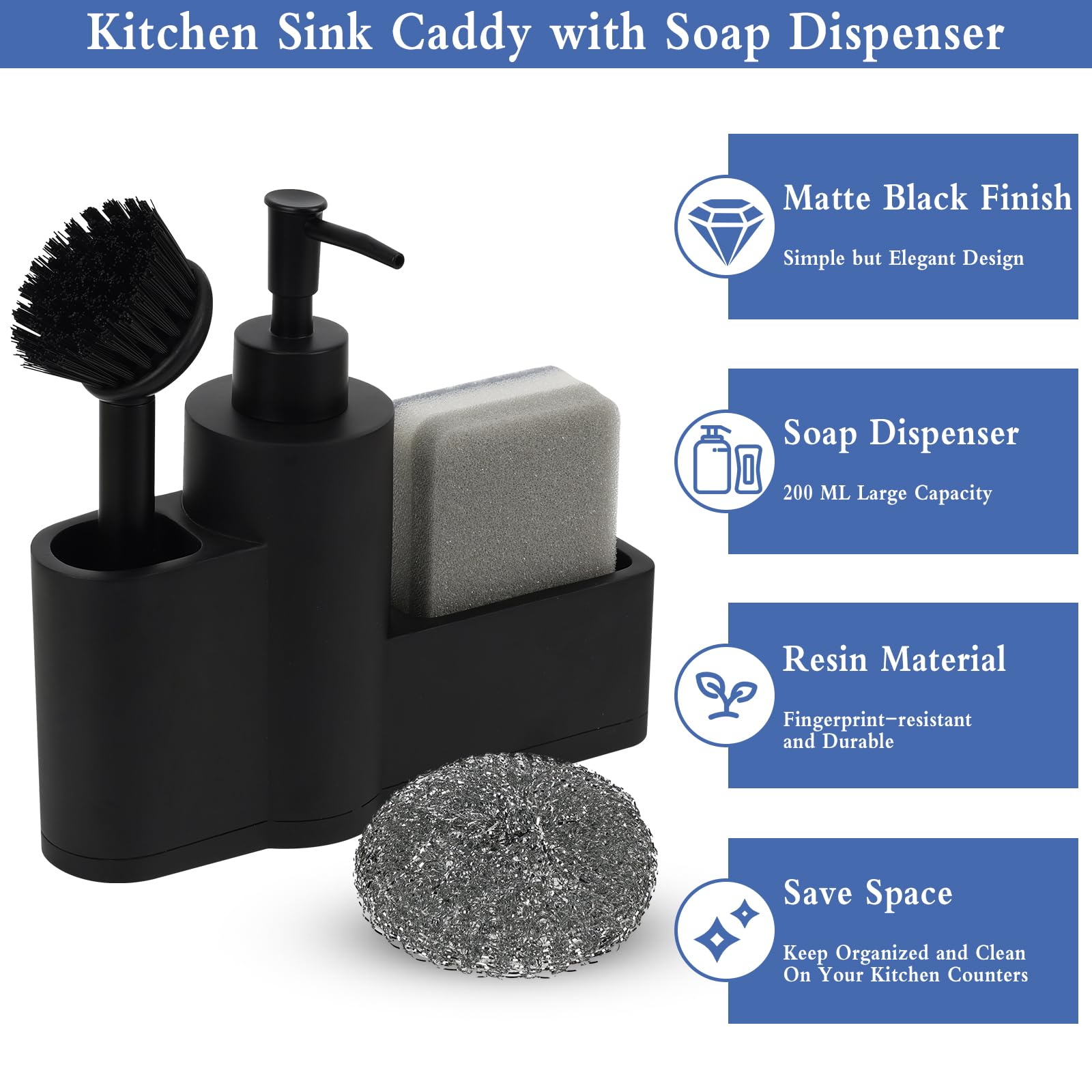 Dadabig Porta Spugne con Dosatore, Porta Spugne Lavello con Spazzola Spugna e Sfera d'Acciaio, Portaspugne per Lavello Cucina Organizer per Lavello 200ml, Nero