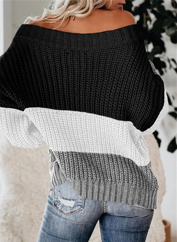 VIMPUNEC Womens Off Shoulder Color Block Sweater Oversized Pullover Top B Black by VIMPUNEC - Used condition - Image 2