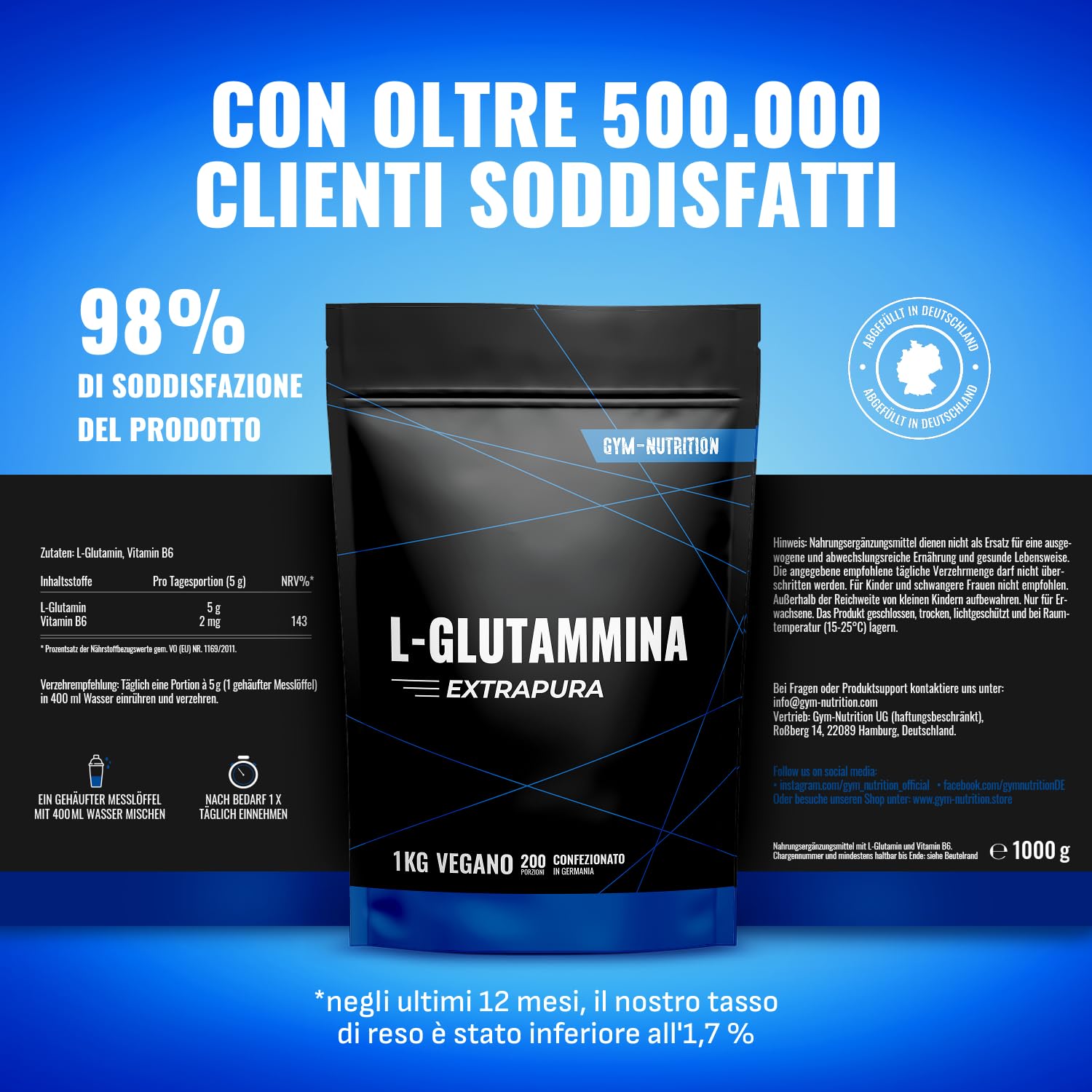 Glutammina in Polvere - 1 KG - 200 Porzioni - L-Glutammina Extra Pura con Vitamina B6 - Vegana e Prodotta in Germania - Glutamina Polvere