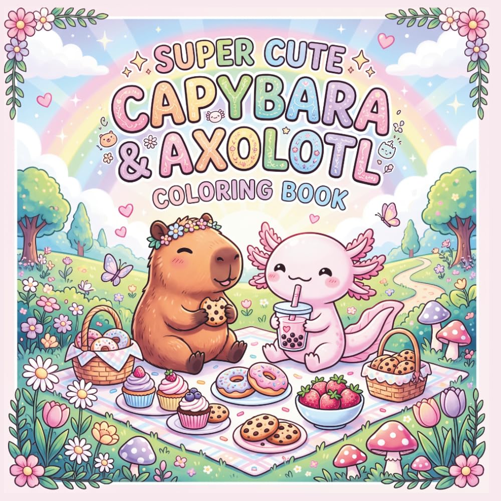 Super Cute Capybara & Axolotl Coloring Book: 50 Adorable cozy Kawaii Scenes with Cozy Adventures, Sweet Treats, Fun Activities, and Easy relaxing Designs.